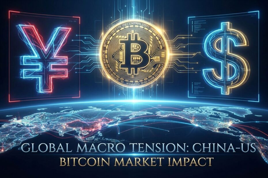 Ilustração do símbolo do Bitcoin entre representações do Yuan e Dólar sobre um mapa global de fluxos comerciais