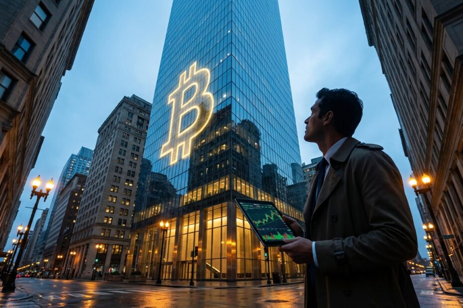 Arranha-céu moderno em Wall Street refletindo o logotipo do Bitcoin, representando a influência da BlackRock