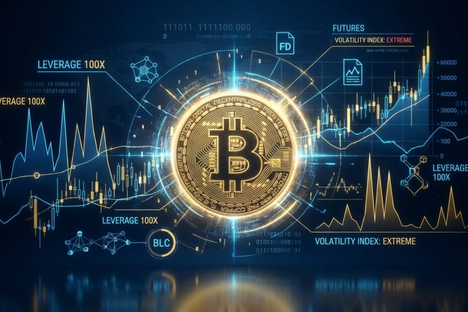 Gráfico digital futurista ilustrando a volatilidade do mercado de futuros de Bitcoin em 2026