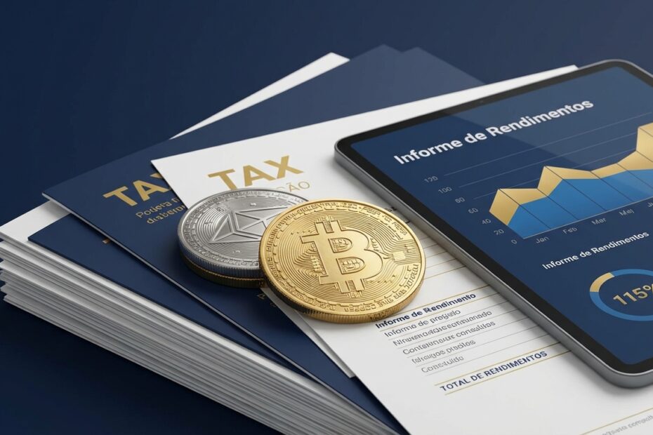 Moedas digitais sobre documentos fiscais e tablet com informe de rendimentos para declaração