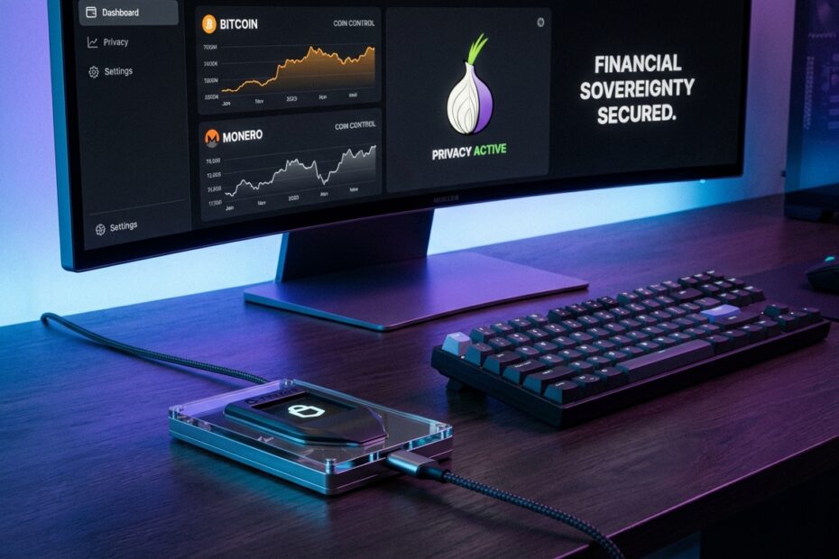 Hardware wallet conectada via USB a um monitor de desktop exibindo software de gestão de criptoativos com foco em privacidade.