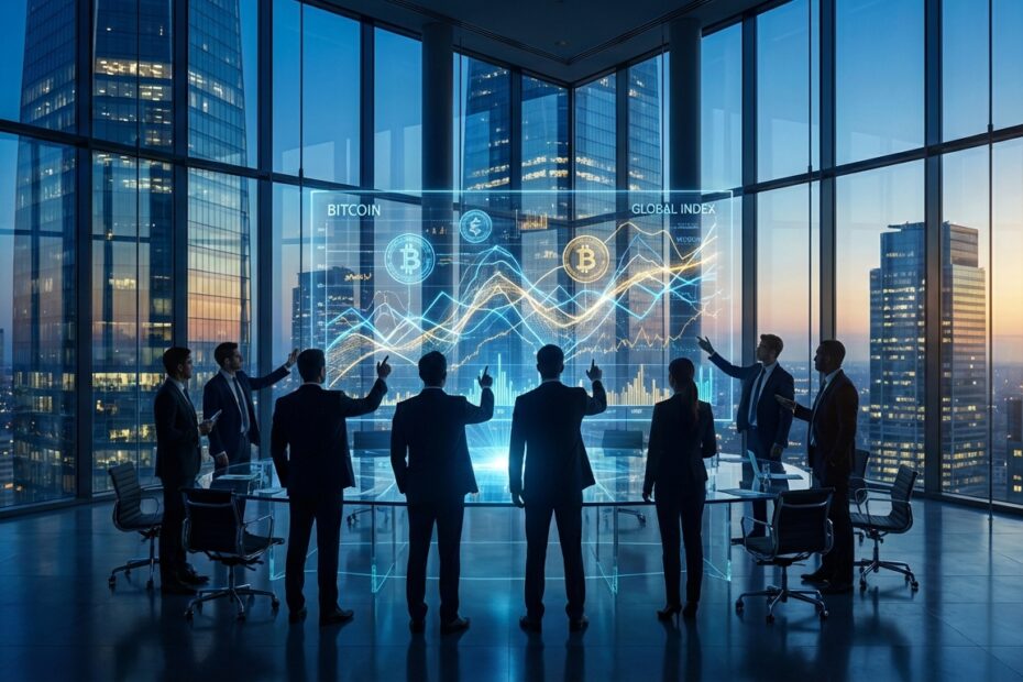 Investidores institucionais analisando gráficos de Bitcoin em escritório corporativo