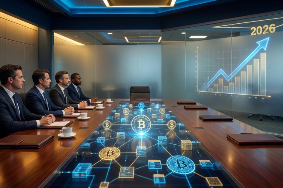 Representação visual de investidores institucionais analisando o mercado de Bitcoin em um ambiente corporativo moderno.