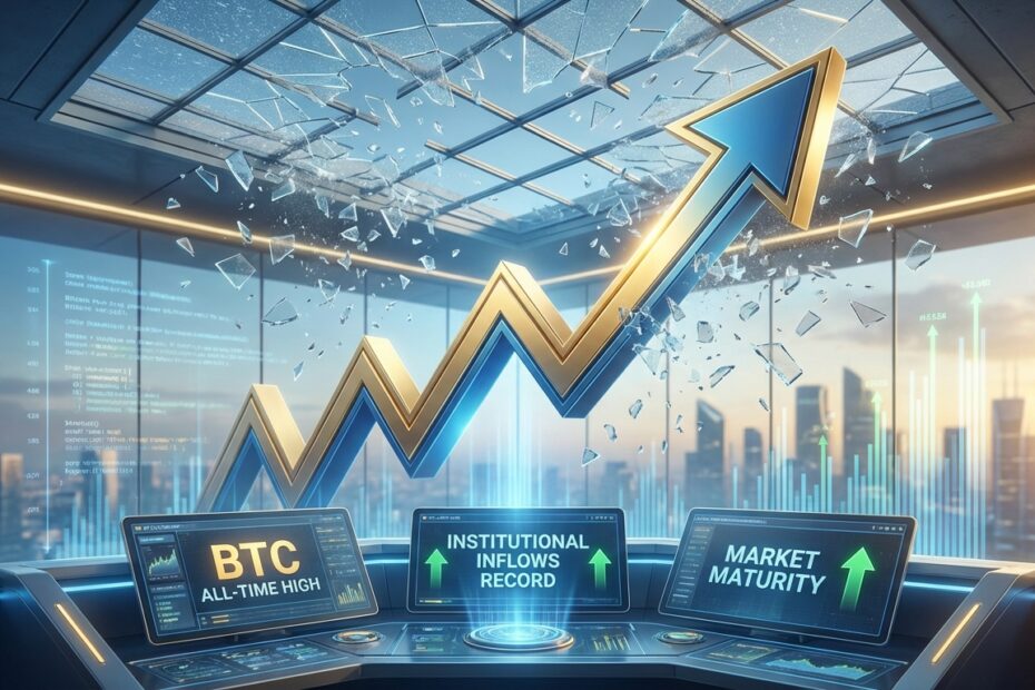 Gráfico financeiro digital mostrando o Bitcoin rompendo sua máxima histórica de preço