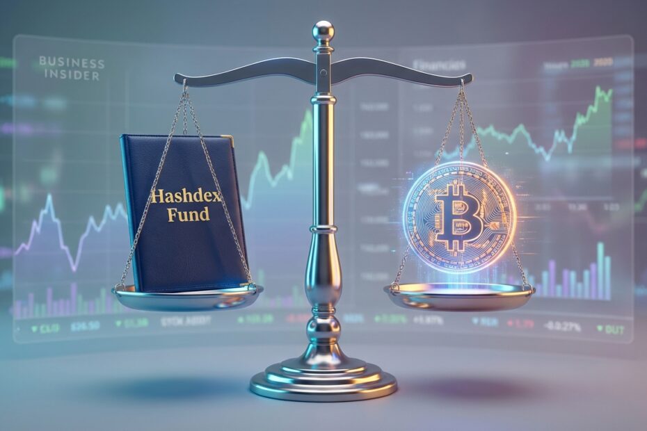 Balança equilibrada comparando o fundo Hashdex Bitcoin e a moeda digital Bitcoin