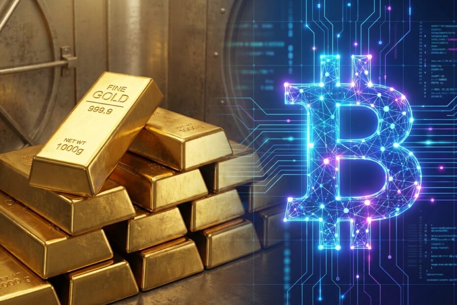 Ilustração comparativa mostrando barras de ouro físico de um lado e o símbolo digital do Bitcoin do outro como opções de investimento.