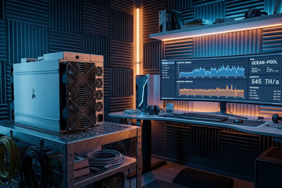 Setup moderno de mineração de bitcoin em casa com equipamento ASIC e isolamento acústico