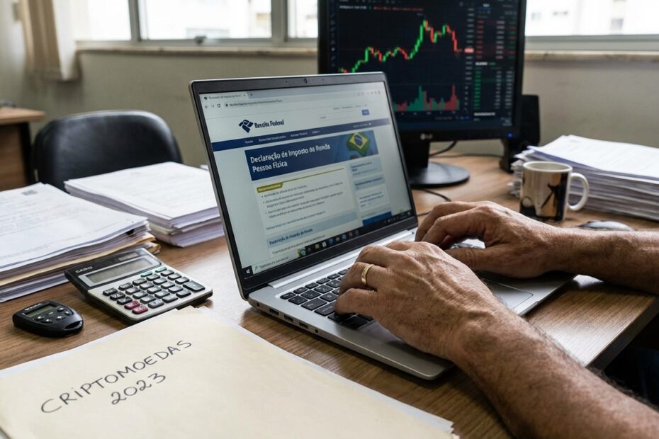 Pessoa utilizando notebook para realizar declaração de criptomoedas no imposto de renda com gráficos na tela