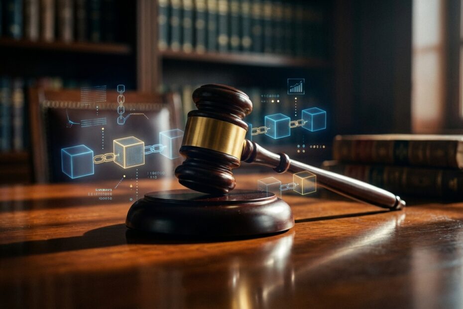 Martelo da justiça sobre mesa com representação gráfica de ativos digitais