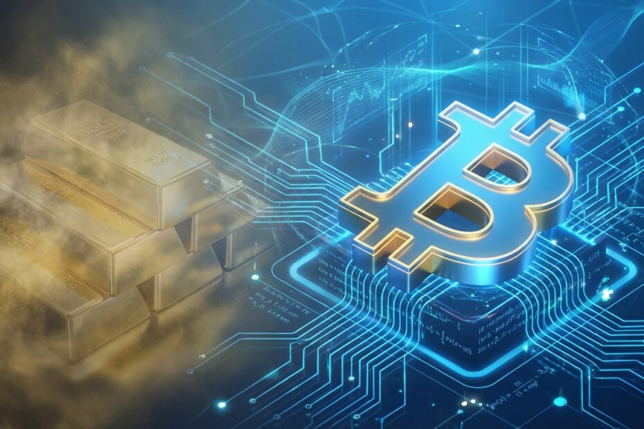 Ilustração digital comparando o antigo lastro em ouro com o lastro matemático do Bitcoin