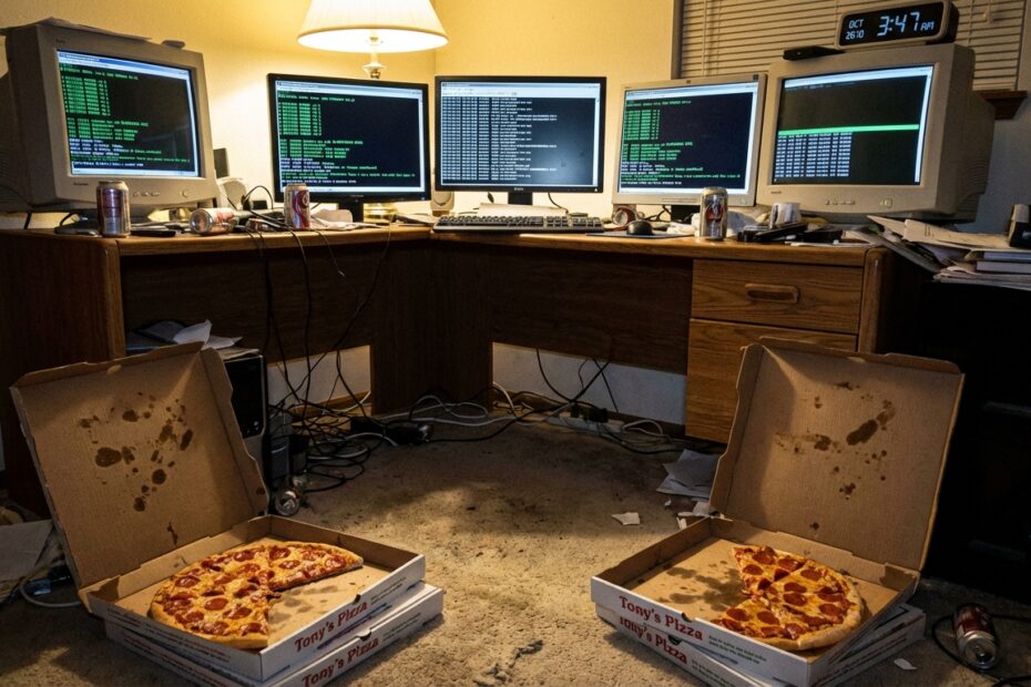 Mesa de computador com monitores exibindo código e duas pizzas, representando a história de Laszlo Hanyecz.