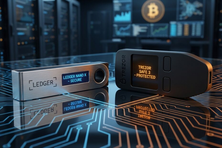 Comparativo entre as hard wallets Ledger Nano X e Trezor Safe 3 em superfície digital