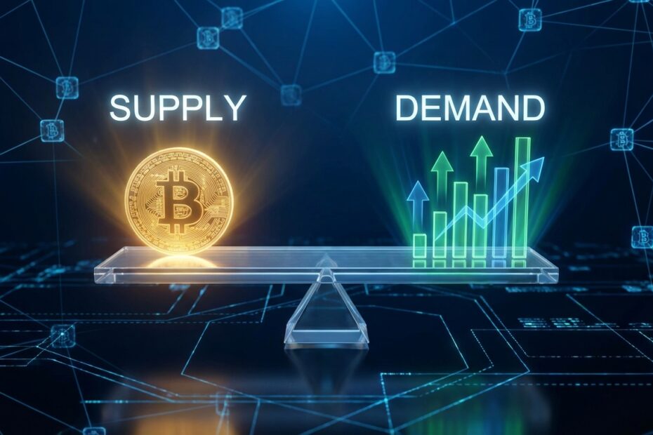 Balança digital equilibrando um Bitcoin dourado e gráficos de demanda de mercado em alta