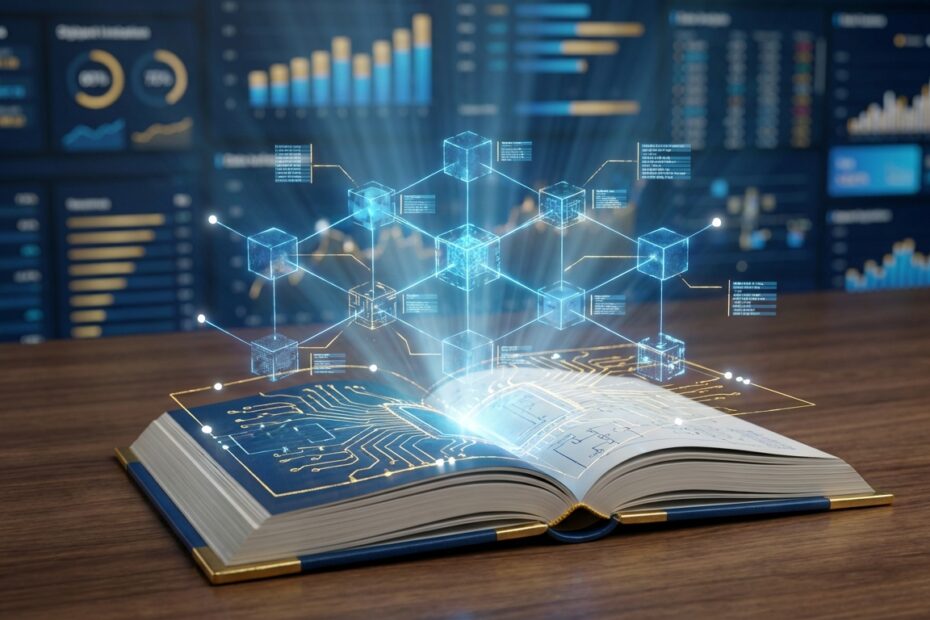 Livro aberto projetando holograma de rede blockchain sobre mesa de escritório