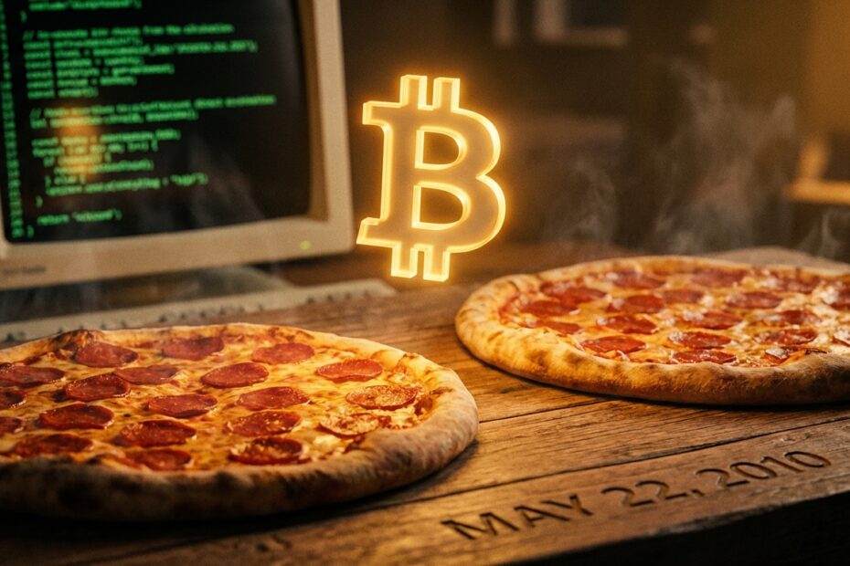 Duas pizzas sobre uma mesa de madeira com um símbolo brilhante do Bitcoin flutuando acima, representando a primeira transação comercial com criptomoedas.