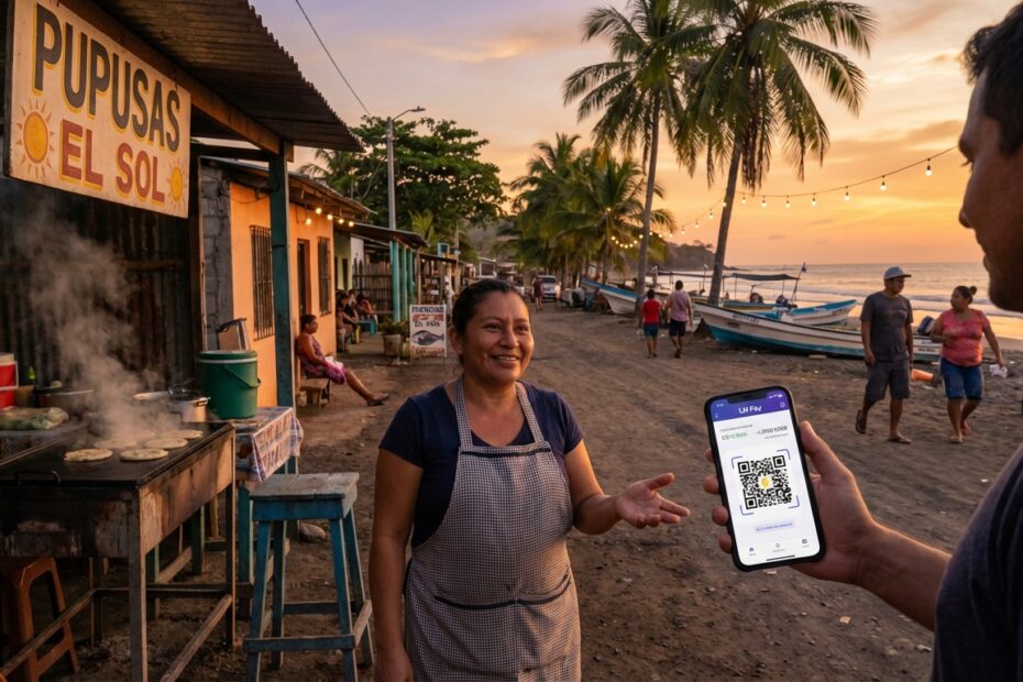 Comerciante local em El Salvador aceitando pagamento em Bitcoin via celular
