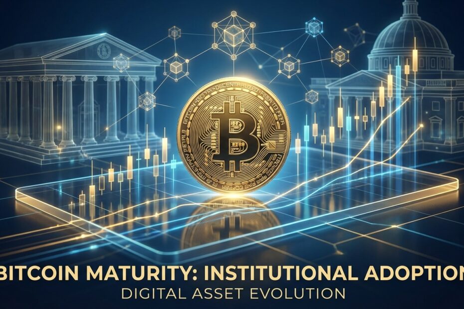 Bitcoin dourado sobre gráficos de mercado e estruturas institucionais representando o próximo halving.