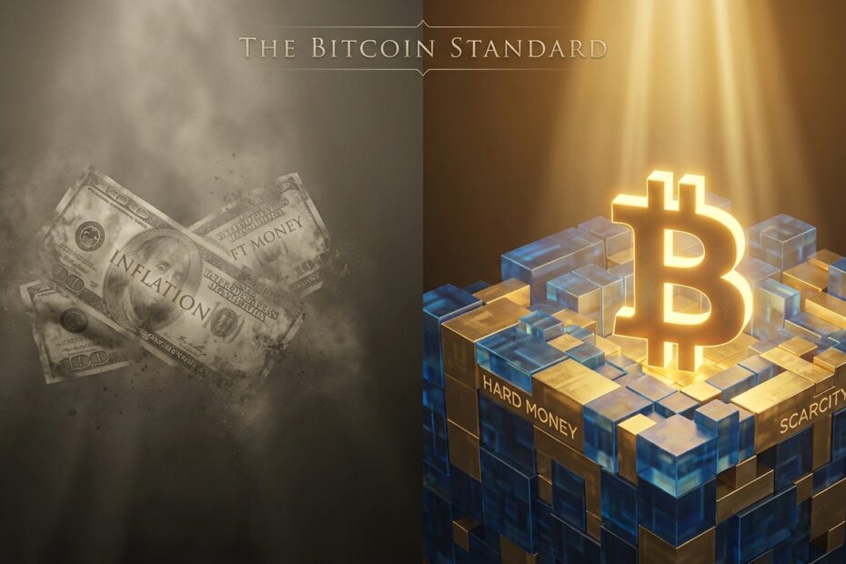 Ilustração conceitual comparando a inflação da moeda fiduciária com a solidez do Bitcoin baseada na obra de Saifedean Ammous.