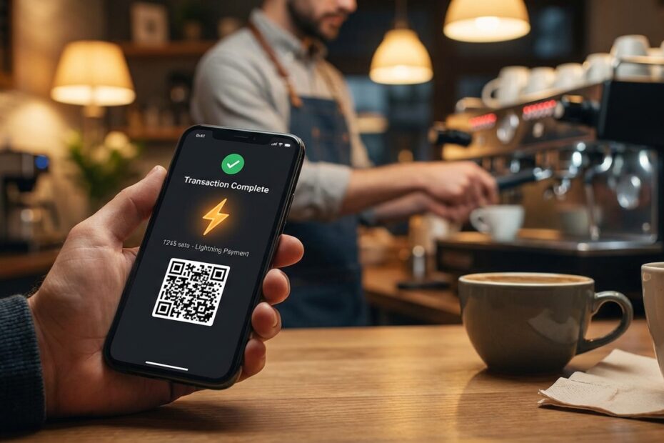 Pagamento instantâneo com Bitcoin via Lightning Network em cafeteria