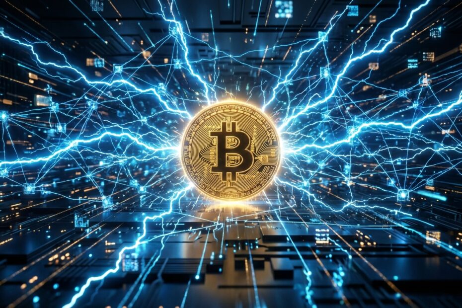 Ilustração futurista da Lightning Network conectando nós digitais com alta velocidade ao redor do Bitcoin