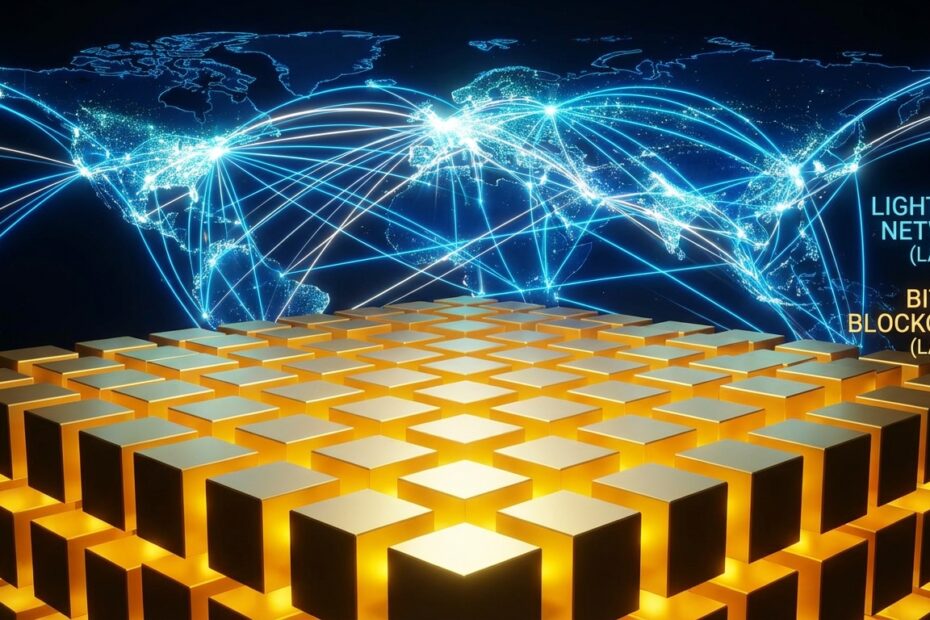 Ilustração da Lightning Network como segunda camada de velocidade sobre a blockchain do Bitcoin