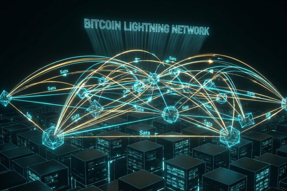 Ilustração digital futurista da rede Lightning Network sobre a blockchain do Bitcoin