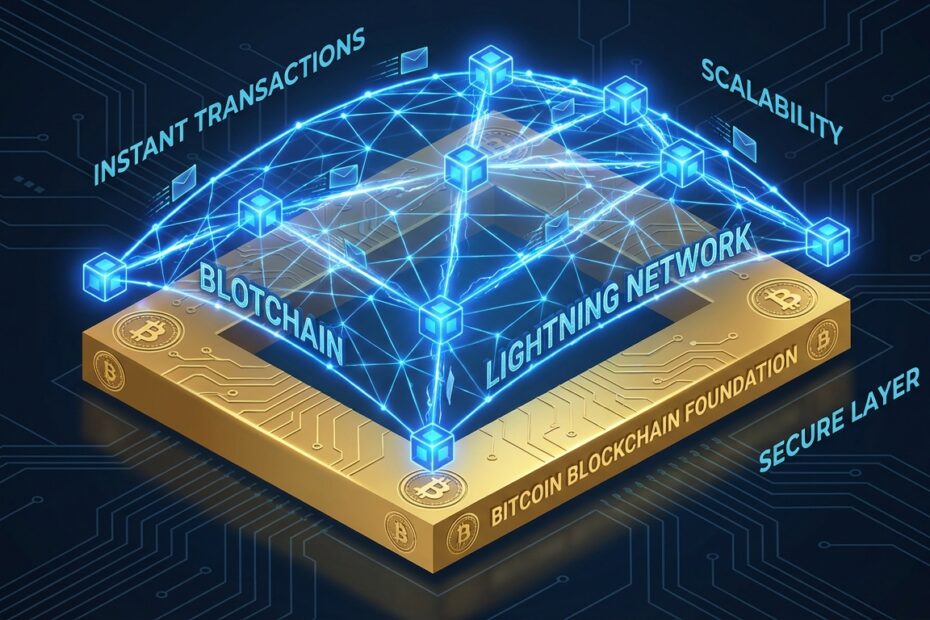 Ilustração da Lightning Network operando como segunda camada sobre a blockchain do Bitcoin