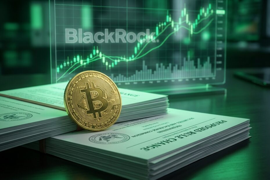 Ilustração de Bitcoin sobre documentos da SEC e gráficos de mercado representando a aprovação do ETF da BlackRock
