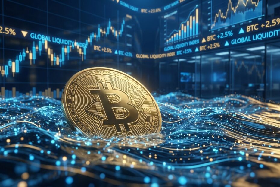 Ilustração do Bitcoin imerso em fluxo digital representando a liquidez global financeira