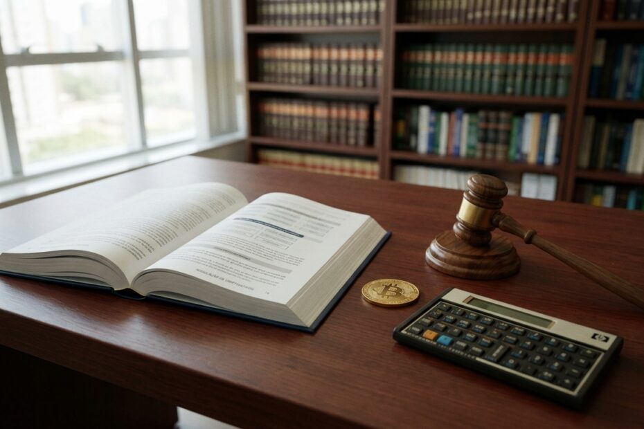 Livro técnico sobre regulação de criptoativos em mesa de escritório jurídico com bitcoin e martelo