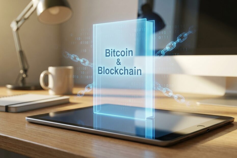 Tablet exibindo capa de livro digital sobre Bitcoin e Blockchain em ambiente de estudos