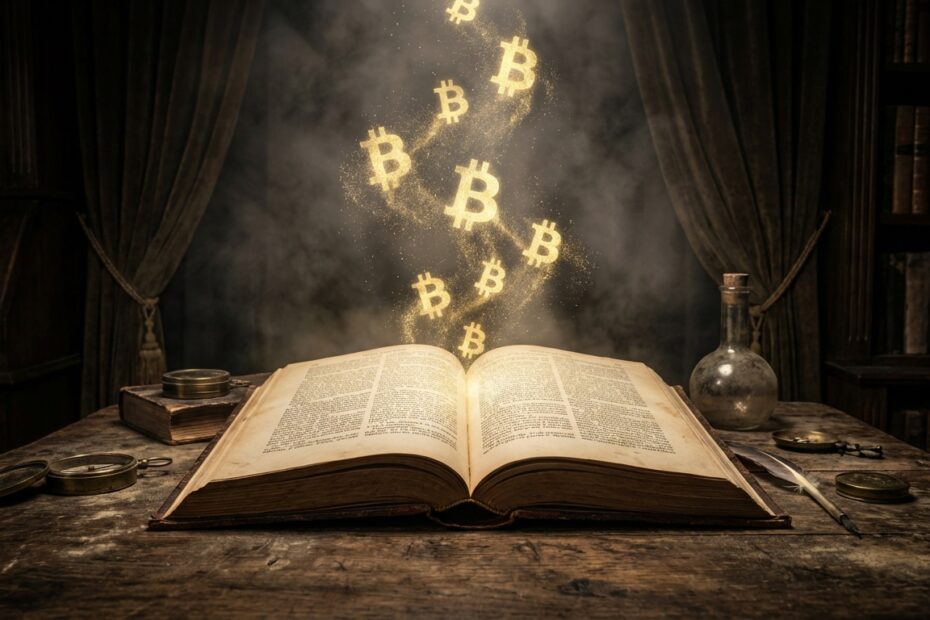 Livro aberto com símbolos do Bitcoin brilhando em ambiente de mistério