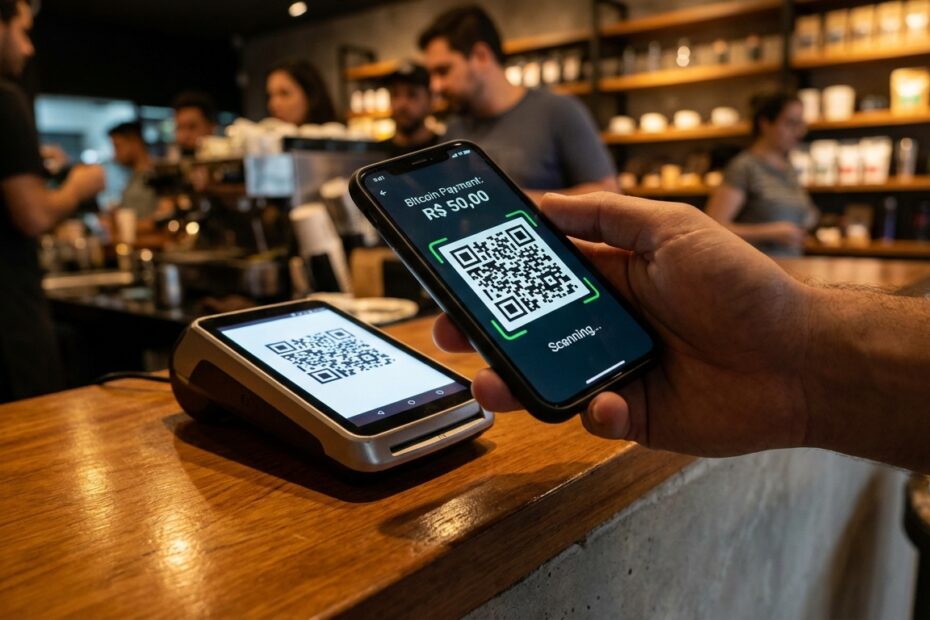 Smartphone realizando pagamento via QR Code com Bitcoin em loja física