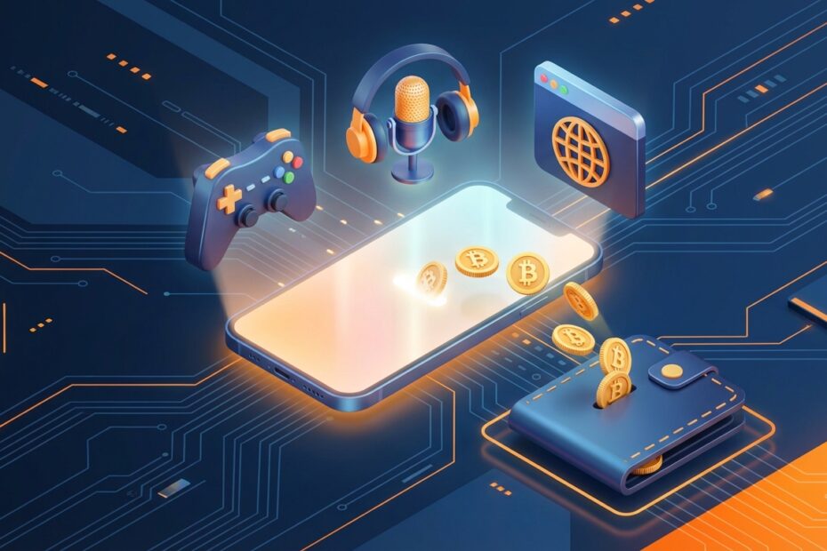 Smartphone com ícones de jogos e recompensas gerando satoshis digitais