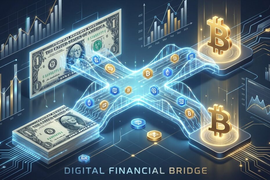 Conceito de ponte digital entre dólar e Bitcoin via stablecoins