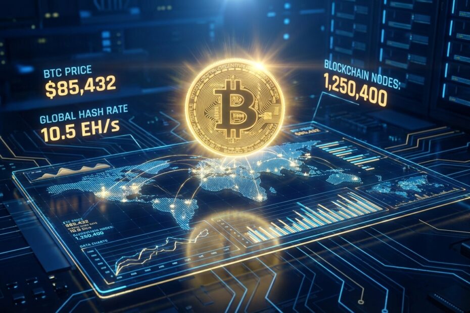 Ilustração digital representando a análise fundamentalista do Bitcoin com gráficos e dados on-chain.