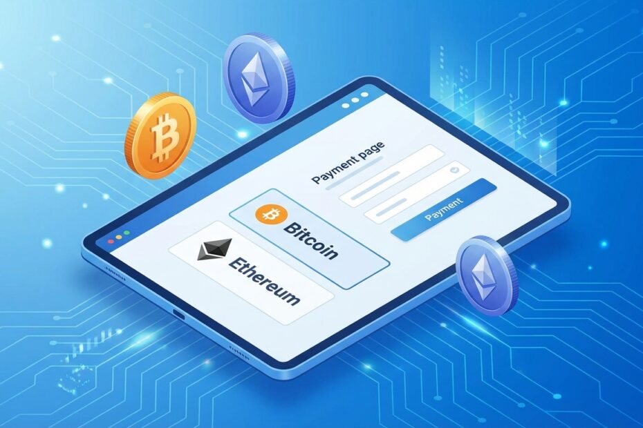 Tablet exibindo opções de pagamento com Bitcoin e outras criptomoedas em loja virtual