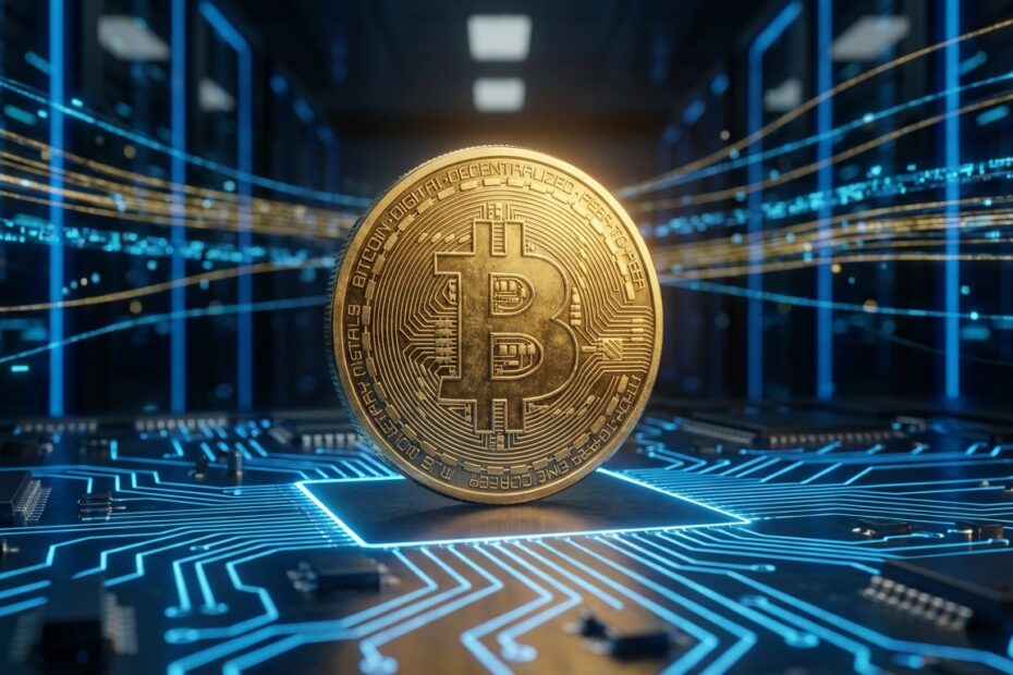 Ilustração 3D de uma moeda Bitcoin dourada sobre um fundo digital azul representando a tecnologia blockchain