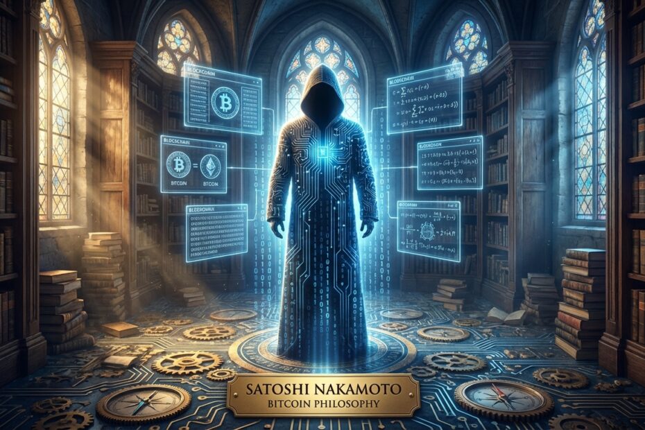 Ilustração conceitual representando a filosofia do Bitcoin e a silhueta digital de Satoshi Nakamoto em uma biblioteca de dados.