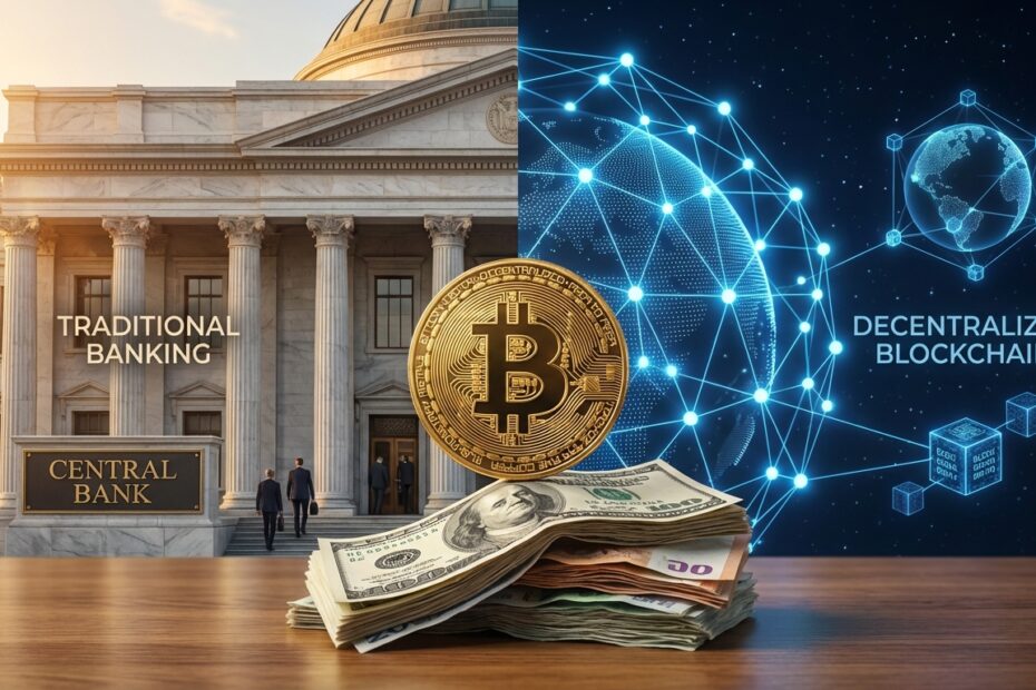 Ilustração comparativa entre um banco tradicional de mármore e uma rede digital descentralizada de Bitcoin