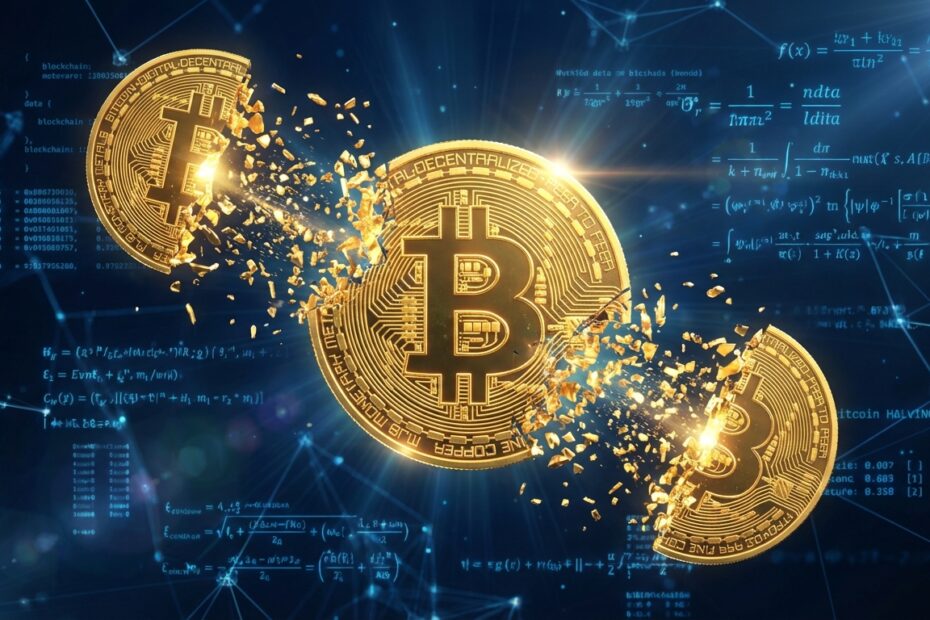 Ilustração 3D representando o processo de halving do Bitcoin e a redução da emissão