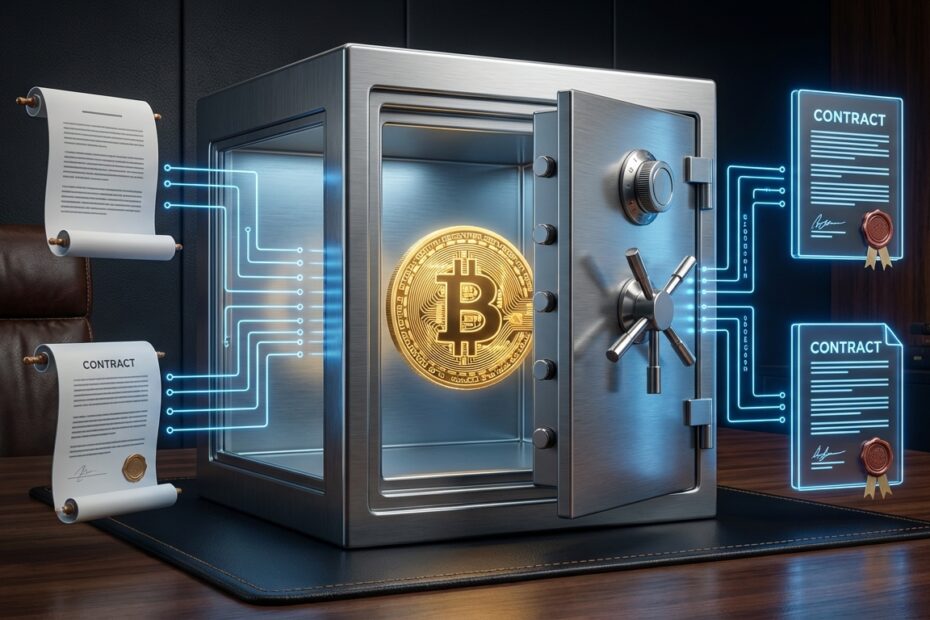 Cofre digital seguro contendo Bitcoin simbolizando herança de criptoativos