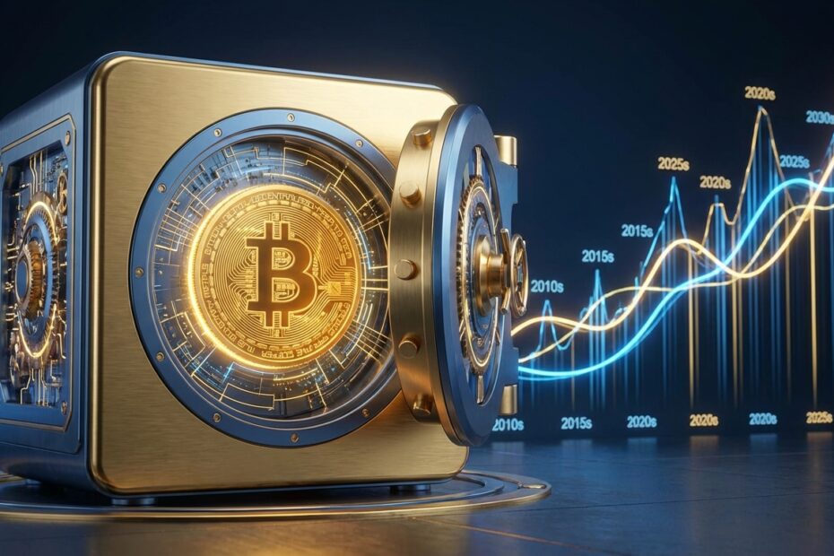 Ilustração 3D de um Bitcoin em um cofre digital representando estratégias de investimento seguro de longo prazo.