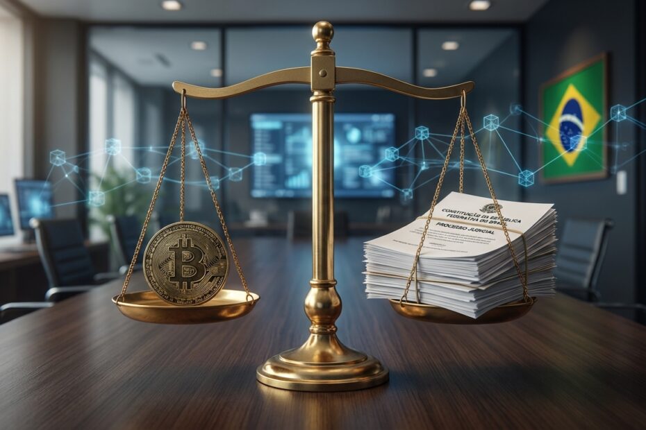 Balança da justiça pesando Bitcoin e documentos legais brasileiros