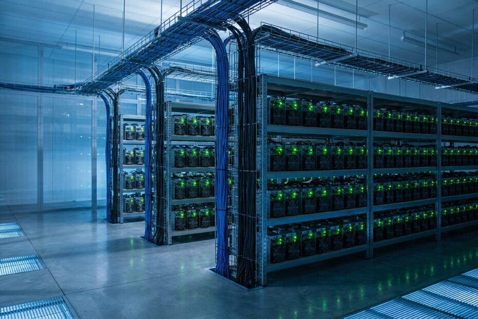Fileiras de equipamentos ASIC de mineração de Bitcoin em um datacenter iluminado