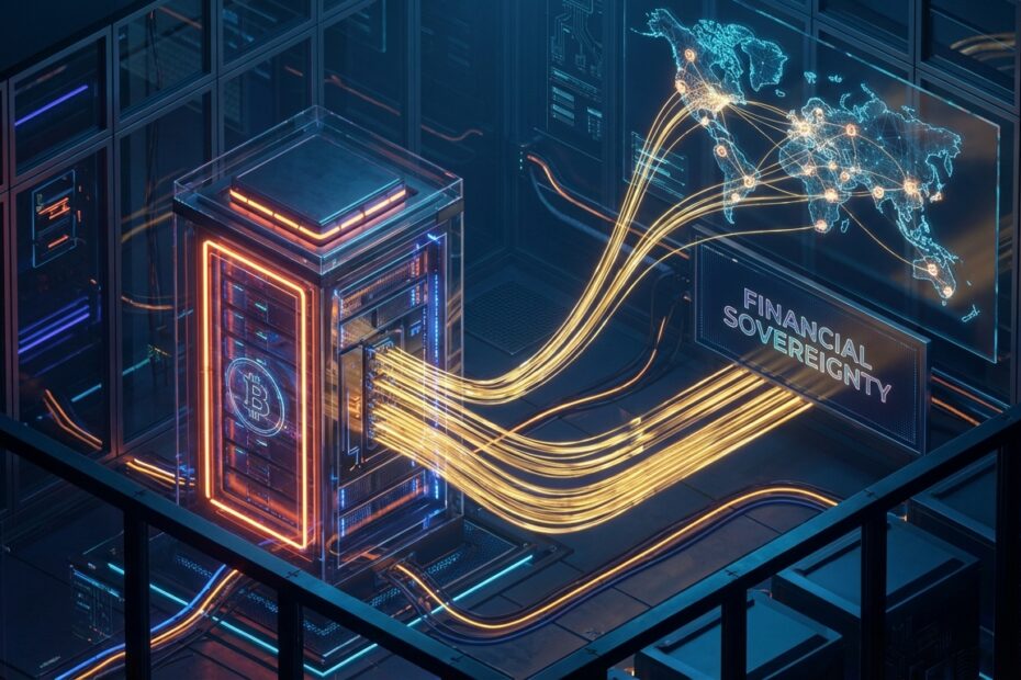 Servidor de nó de Bitcoin conectado a uma rede global descentralizada de blockchain