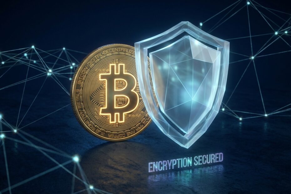 Ilustração de um escudo digital protegendo uma moeda Bitcoin contra rastreamento na blockchain