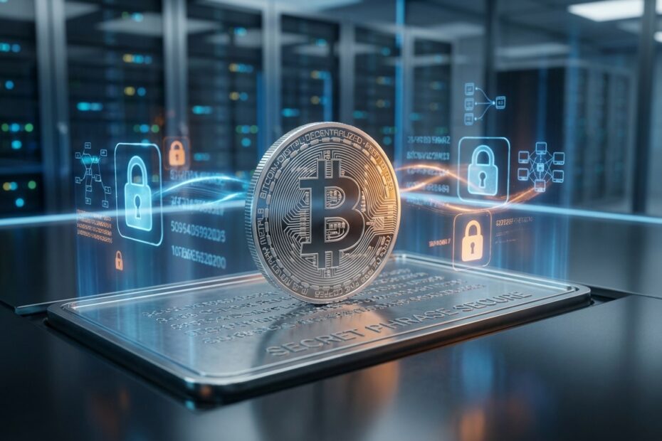 Ilustração de segurança digital mostrando uma moeda Bitcoin e uma placa de backup de metal para recuperação de senha