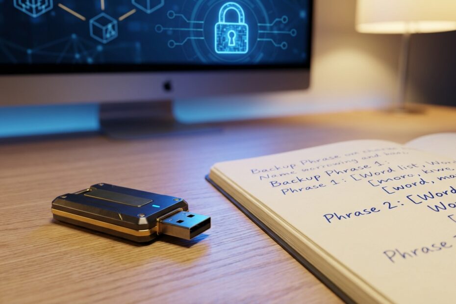 Hardware wallet de Bitcoin sobre mesa com caderno de anotações para backup de segurança