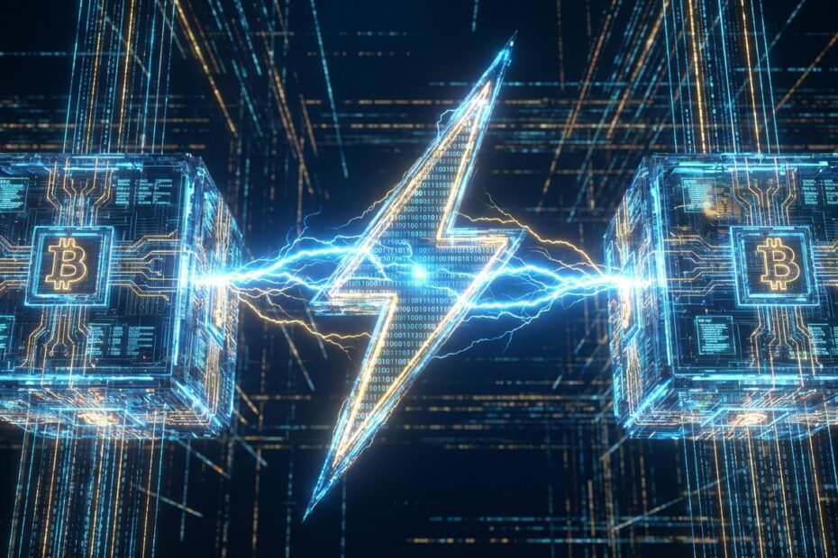 Ilustração da tecnologia Lightning Network acelerando transações na blockchain do Bitcoin